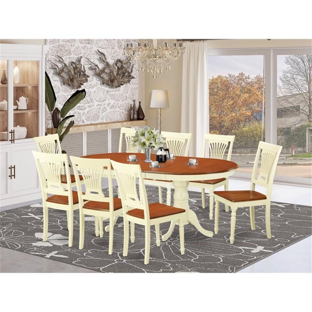 East West Furniture PLAI9-WHI-W 9 Piece Dining Table Set Includes an Oval Dinner Table with Butterfly Leaf and 8 Dining Room Chairs, 42x78 Inch, Buttermilk & Cherry