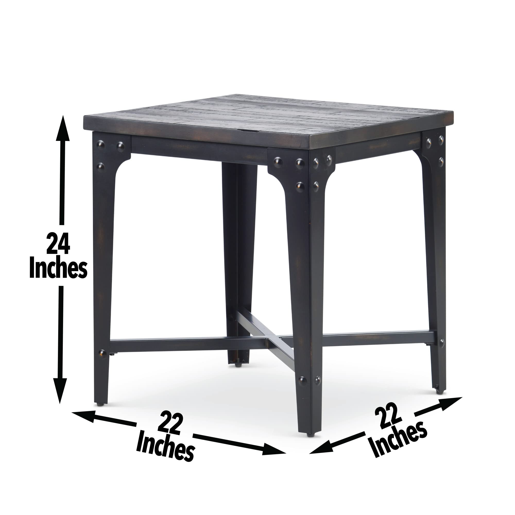Steve Silver Sherlock Industrial Styling Square End Table, Hardwood Solids w/Iron Framed Base, Distressed Finish, Charcoal End Table, 22" L x 22" W x 24" H, Dark Brown/Charcoal
