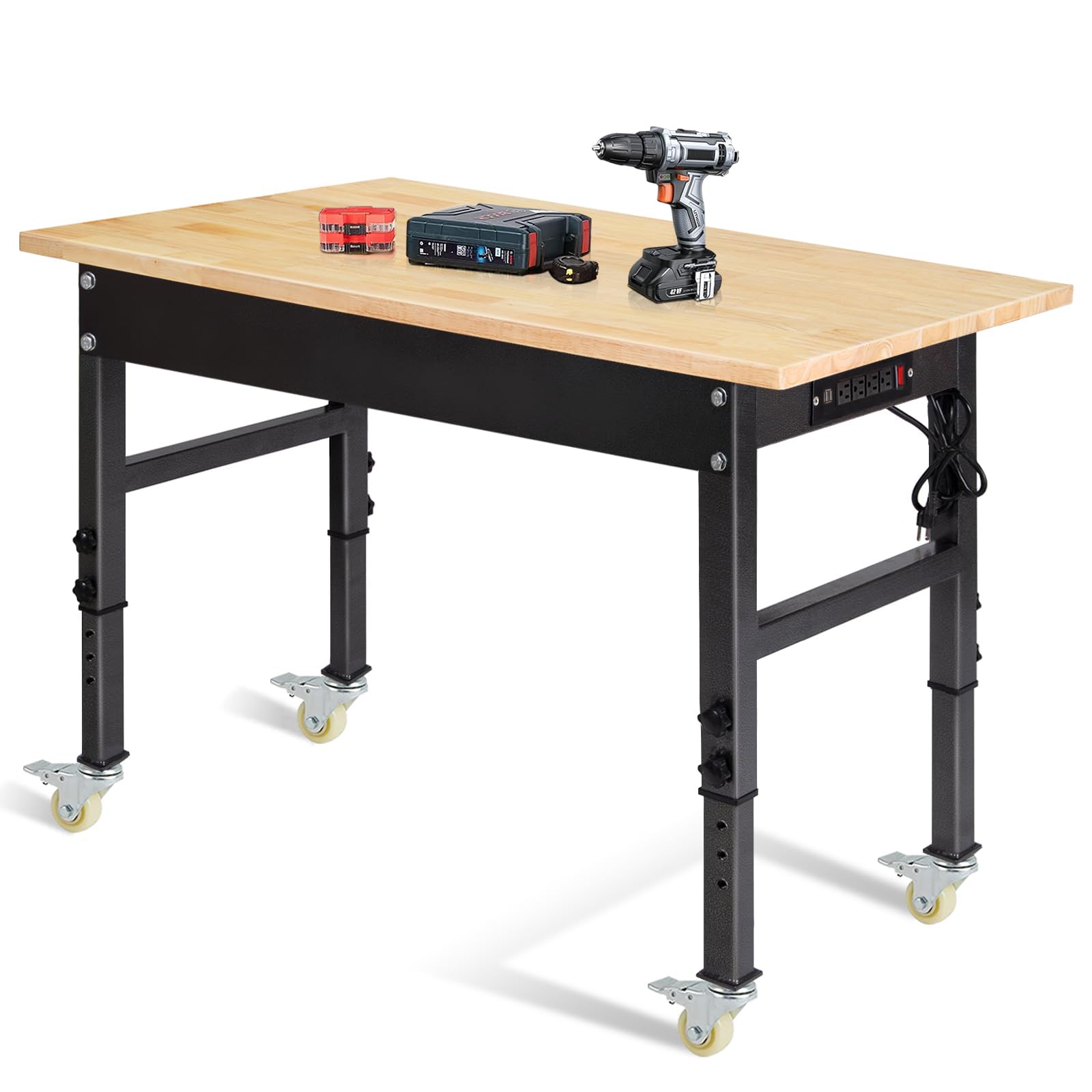 48' Adjustable Work Bench, Rubber Wood Top Workbench Heavy-Duty Work Table With Power Outlet,Workbenches Wheels, 2000 Lbs Load Capacity Hardwood Work Benches For Garage, Workshop, Home, Office
