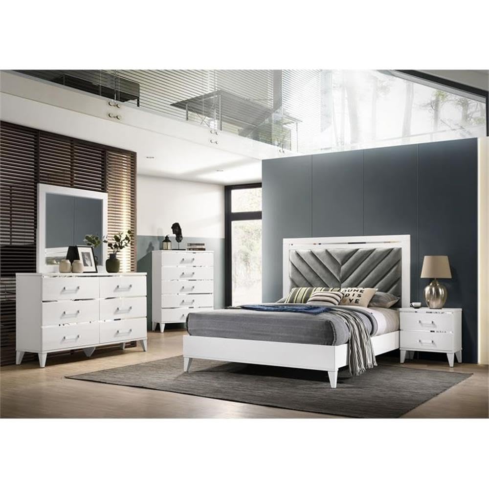 Acme Chelsie Wooden Eastern King Bed with Velvet Headboard in Gray and White
