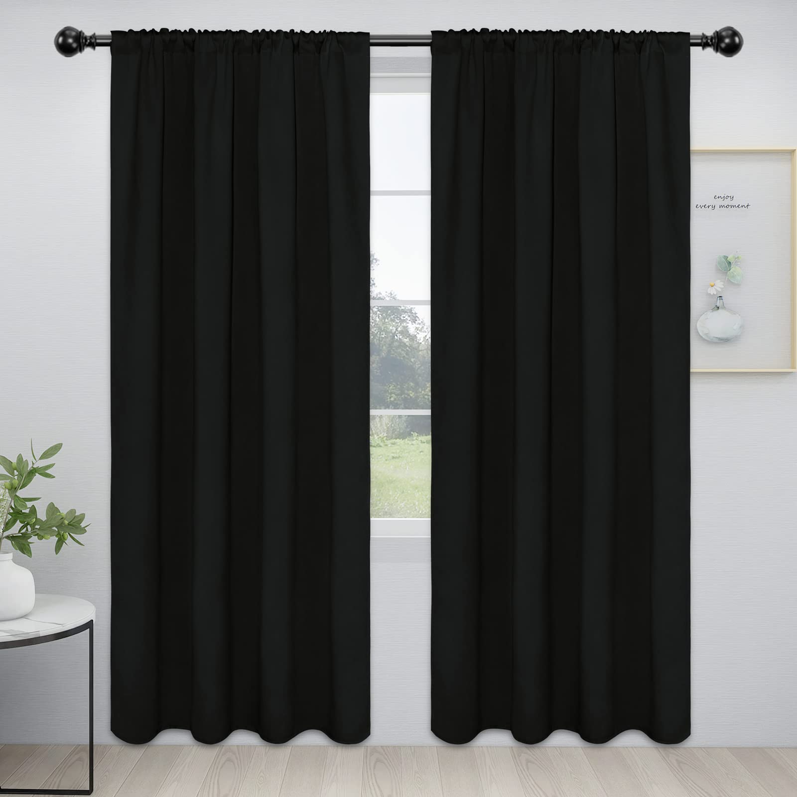 Easy-Going Rod Pocket Blackout Curtains For Bedroom, Room Darkening Window Curtains For Living Room, Thermal Insulated Noise Reduction Solid Window Drapes, 2 Panels(52X96 In, Black)