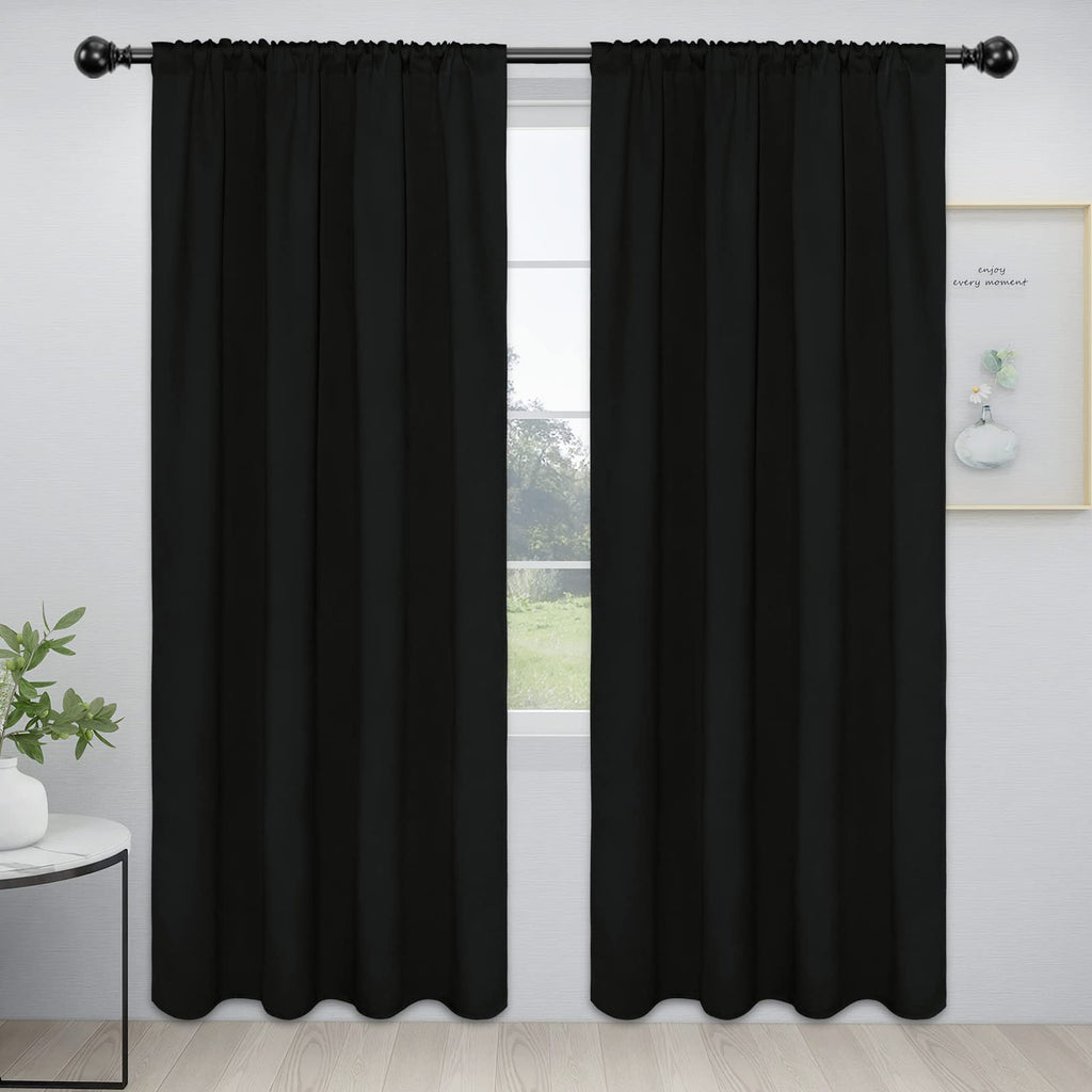 Easy-Going Rod Pocket Blackout Curtains For Bedroom, Room Darkening Window Curtains For Living Room, Thermal Insulated Noise Reduction Solid Window Drapes, 2 Panels(52X84 In, Black)