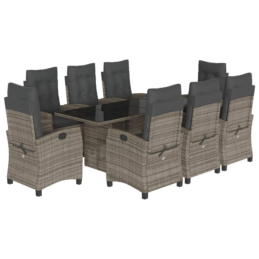 vidaXL 9 Piece Patio Dining Set - Gray Poly Rattan & Steel - Adjustable Reclining Chairs - Padded Cushions - Tempered Glass Tabletop - Garden, Backyard, or Patio Use