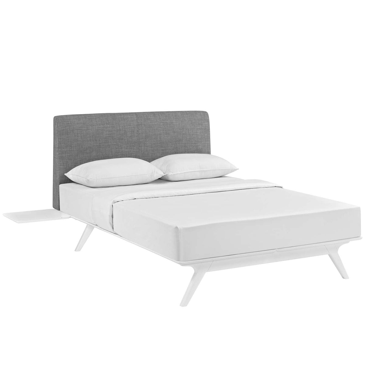 Mid-Century Modern Wood Platform Queen Size Bed With Two Side Tables