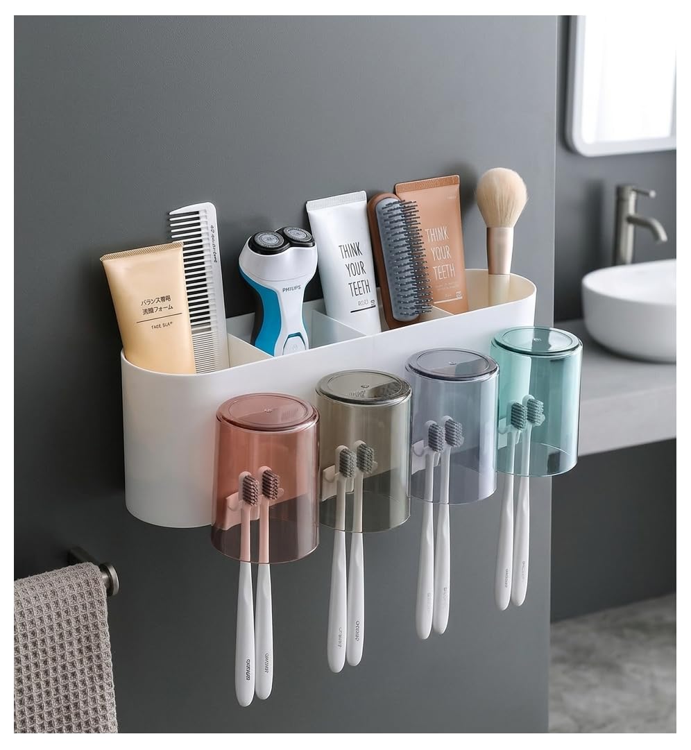 ALTURAS Wall Mounted Toothbrush Holder for Bathroom, with Storage Organiser, 4 Cups