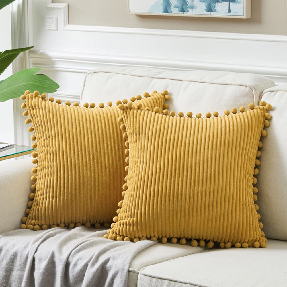 Fancy Homi Pack Of 2 Mustard Yellow Fall Decorative Throw Pillow Covers 18X18 Inch With Pom-Poms For Living Room Couch Bedroom,
