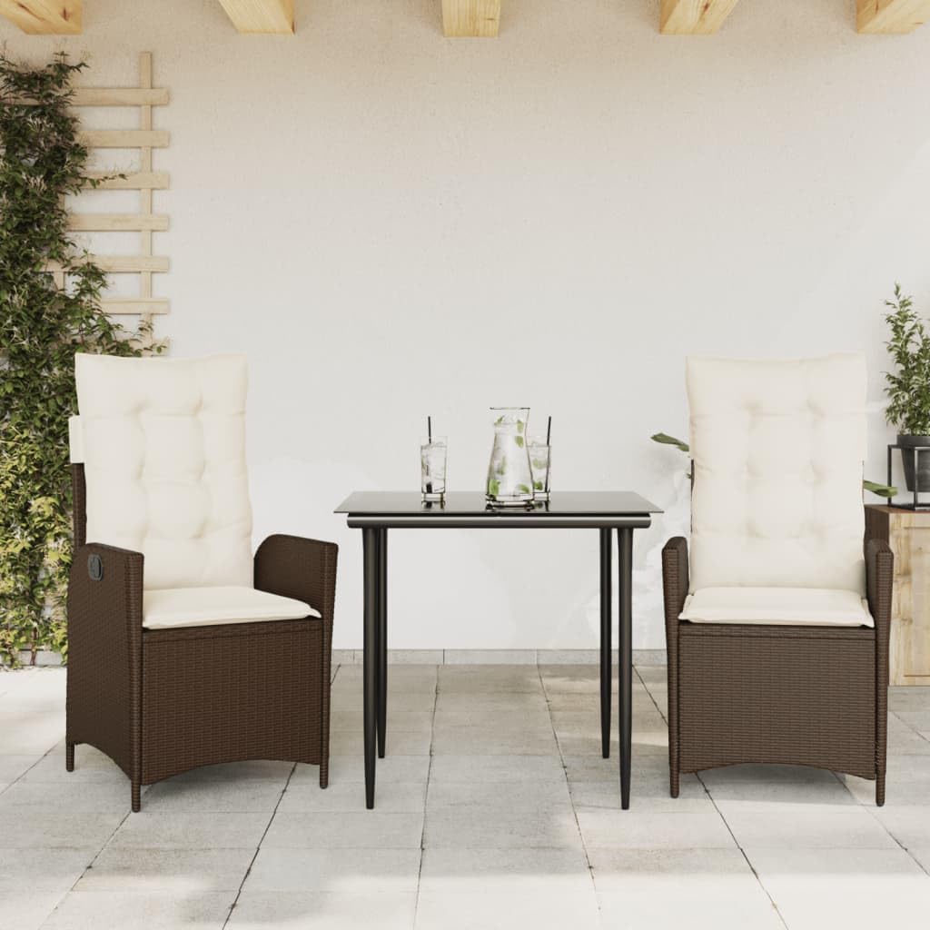 vidaXL 3 Piece Patio Dining Set with Cushions - Brown Poly Rattan Outdoor Reclining Chairs, Tempered Glass Tabletop for Garden/Backyard