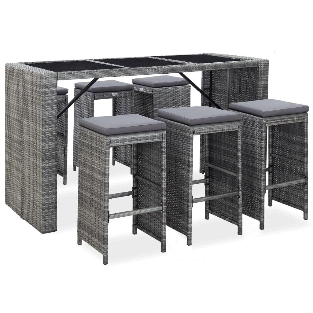 7 Piece Garden Bar Set with Cushions Poly Rattan Gray