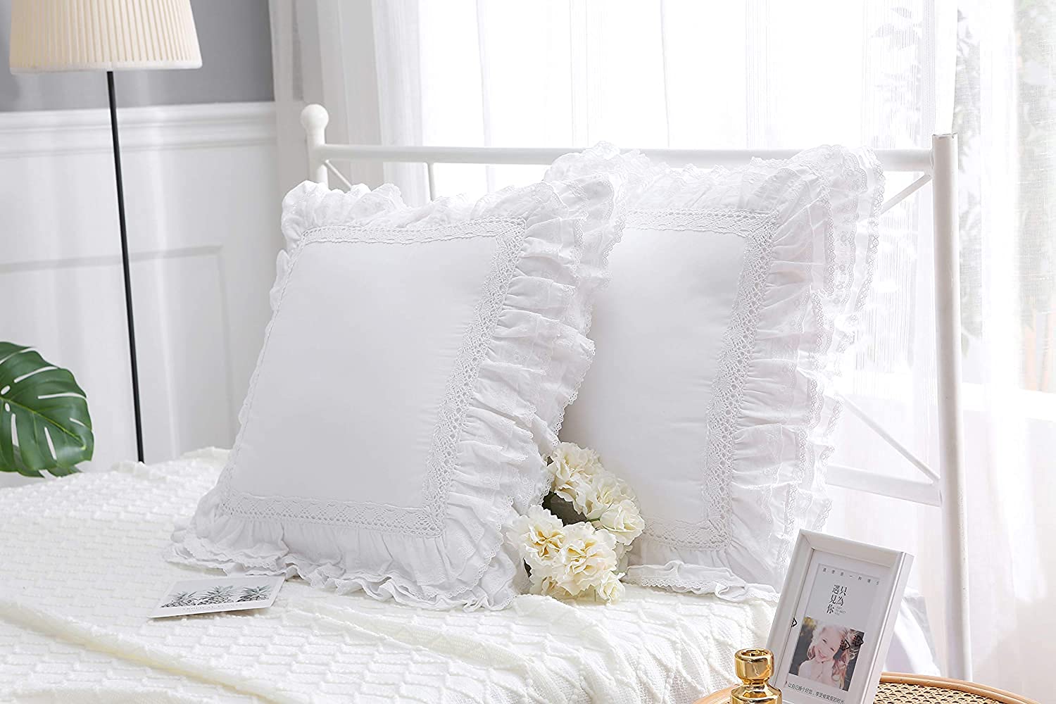 White Lace Euro Shams Throw Pillow Covers Cushion Cases With Ruffles Cotton 22'X22' Zipper Closure Luxury Elegant 2-Pack