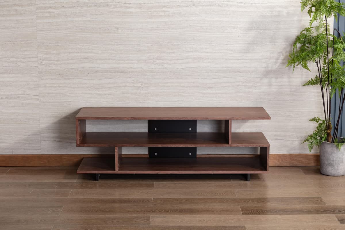 Lilola Home Iris 59' Brown Walnut Finish TV Stand with 2 Levels of Shelves and Black Legs