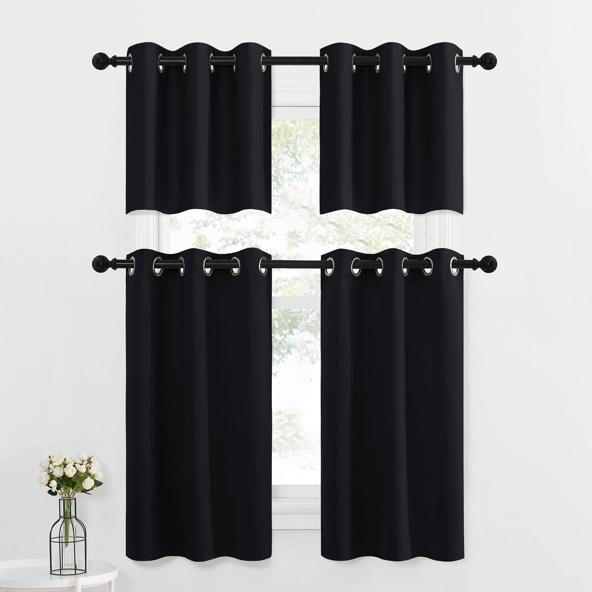 Nicetown Black Small Window Valances Curtains - Thermal Insulated Home Decor Blackout Grommet Tier Curtains Drapes For Kitchen/Bedroom/Office (42W By 24L 1.2 Inches Header, Black, 2 Pieces)