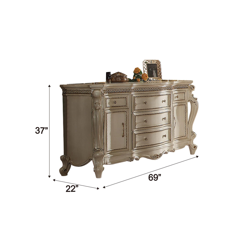 ACME Furniture 5 Drawers and 2 Doors Wood Dresser, 64.17" L x 22.05" W x 37.4" H, Antique Pearl