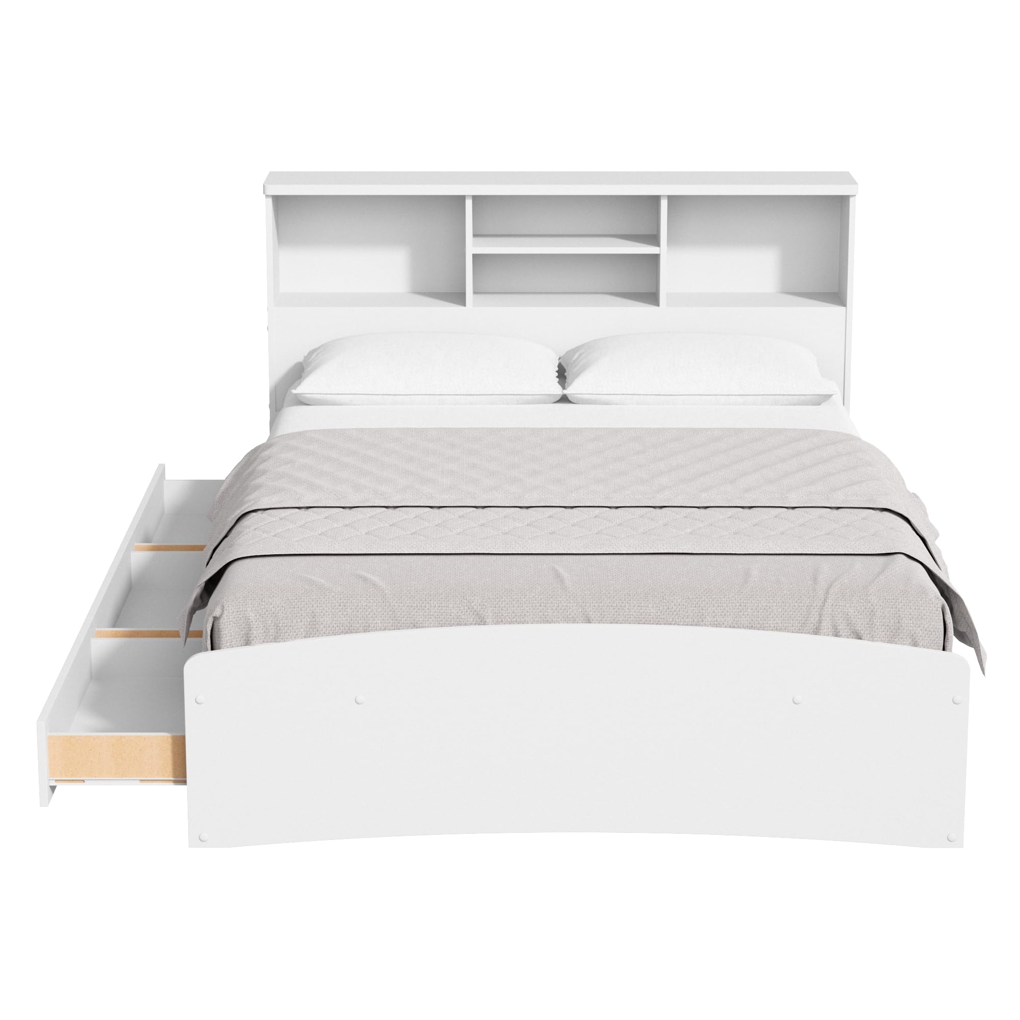 Captain Paltform Bed with 3 Drawers and Bookcase Headboard (White, Full)