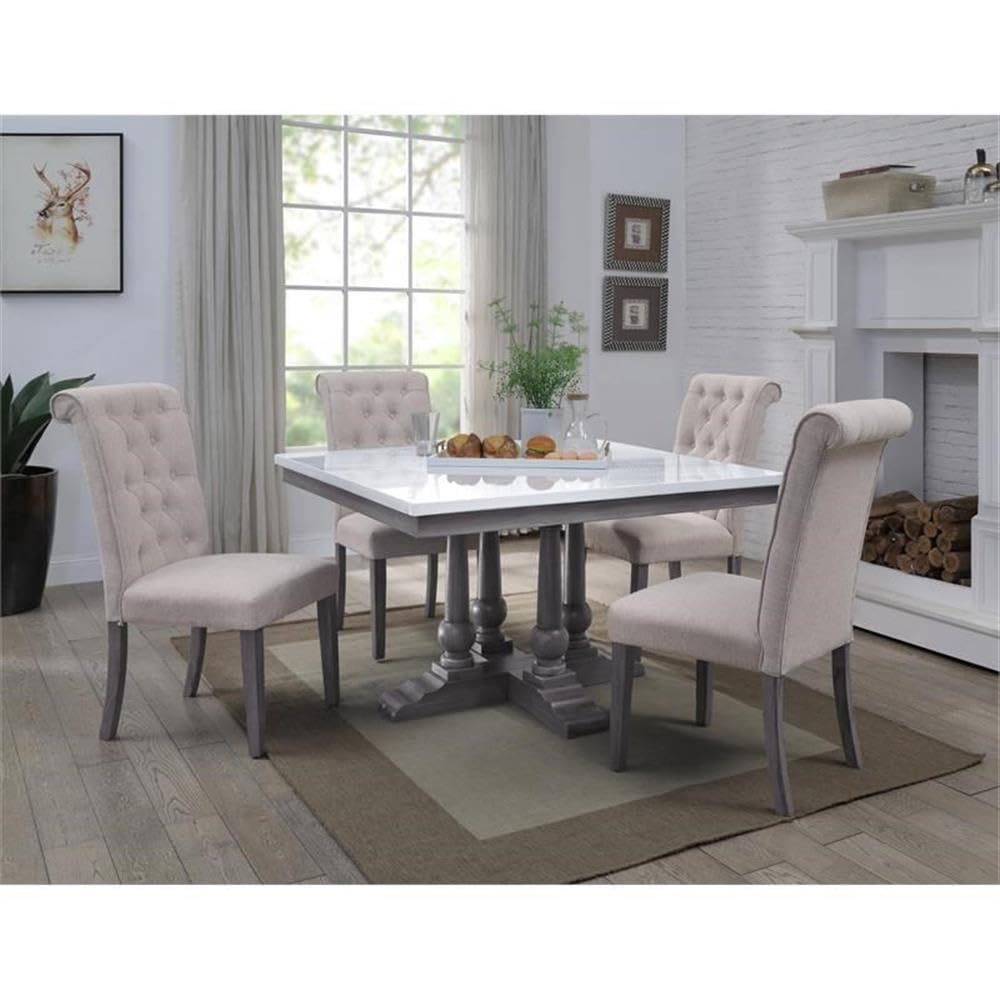 Acme Yabeina Linen Fabric Upholstery Side Chair in Beige and Gray Set of 2