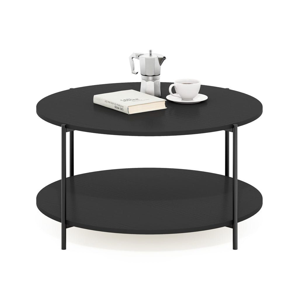 Furinno Besi 2-Tier Modern Round Coffee Table Table with Sturdy Metal Legs, Americano/Black