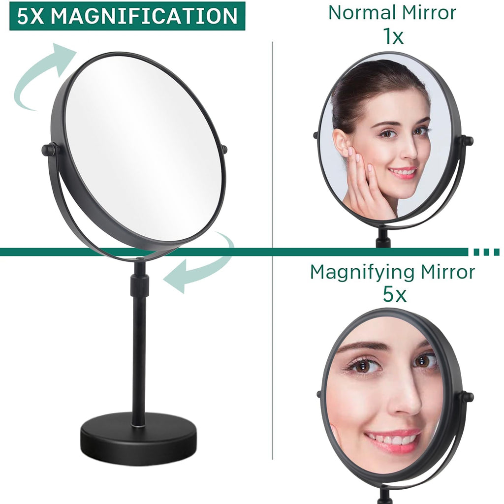 Nicesail 8 Inch Makeup Mirror 5X Magnification Height Adjustable Double Sided Swivel Matte Black