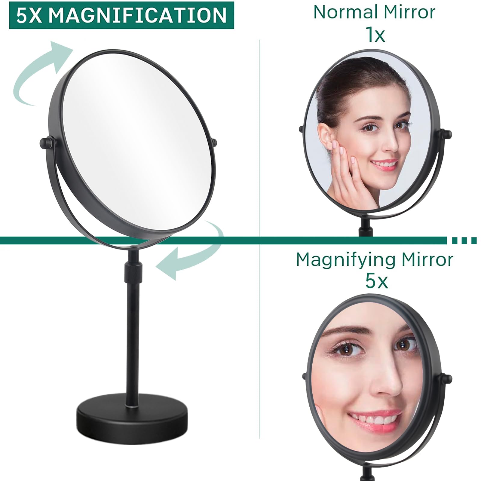 Nicesail 8 Inch Makeup Mirror 5X Magnification Height Adjustable Double Sided Swivel Matte Black