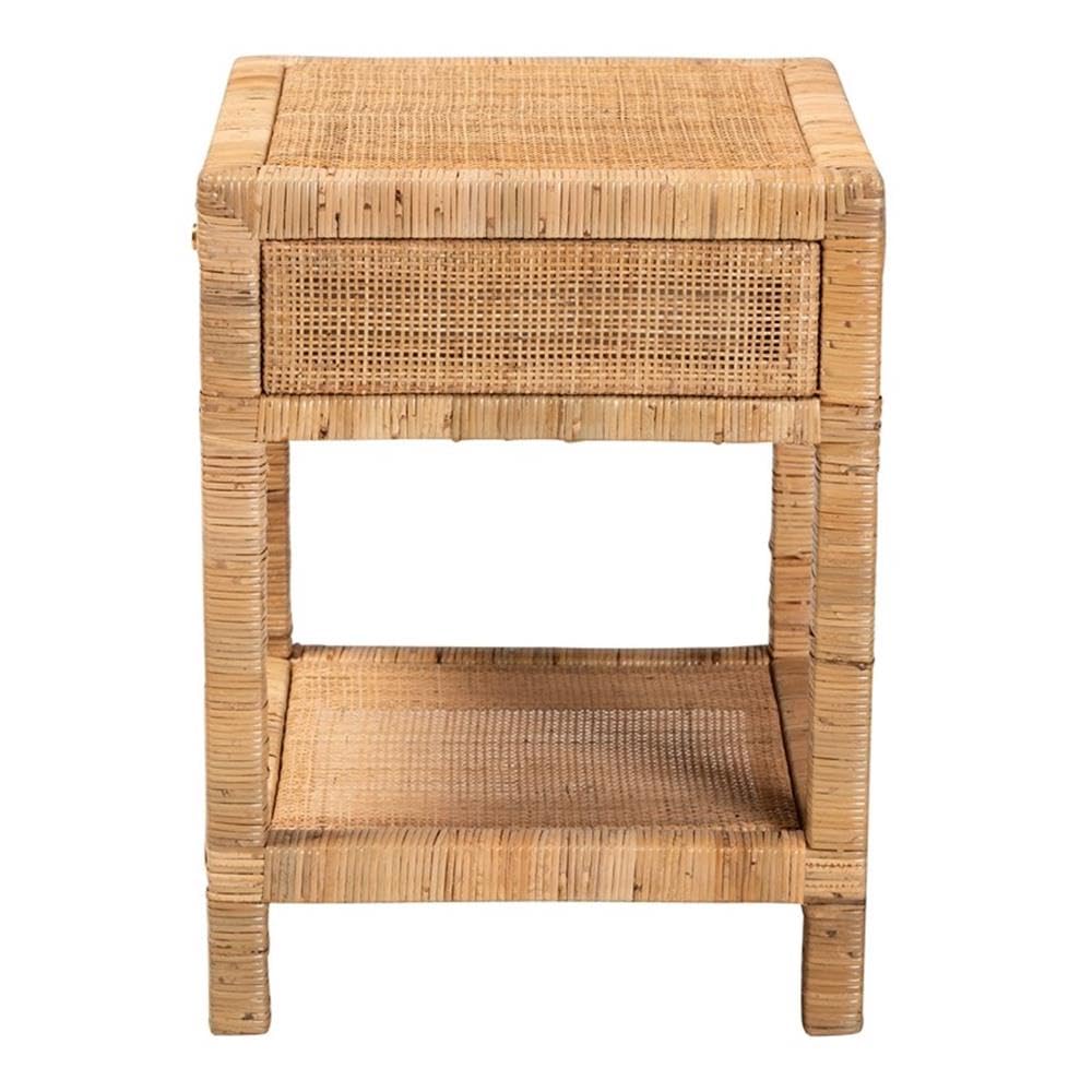 Baxton Studio Adelia Modern Bohemian Natural Rattan and Mahogany Wood 1-Drawer Nightstand