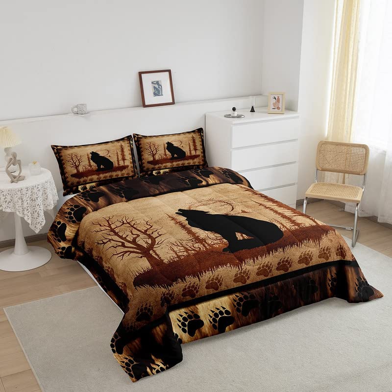 Feelyou Cute Wolf Comforter Set For Girls Boys Kids Wolves Howling Bedding Set Room Decorative Animal Wolves Tree Pattern Beddin