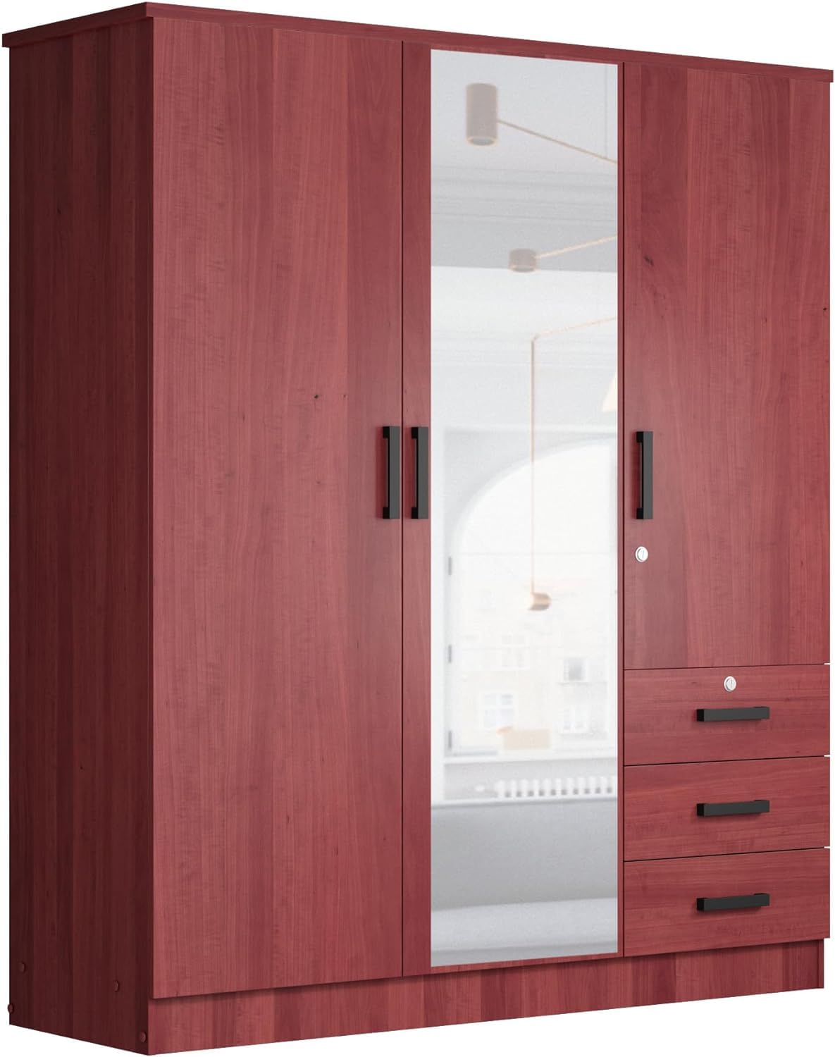 Violet Wardrobe Mirrored Door Closet 3 Doors and 3 Drawers (Mahogany)