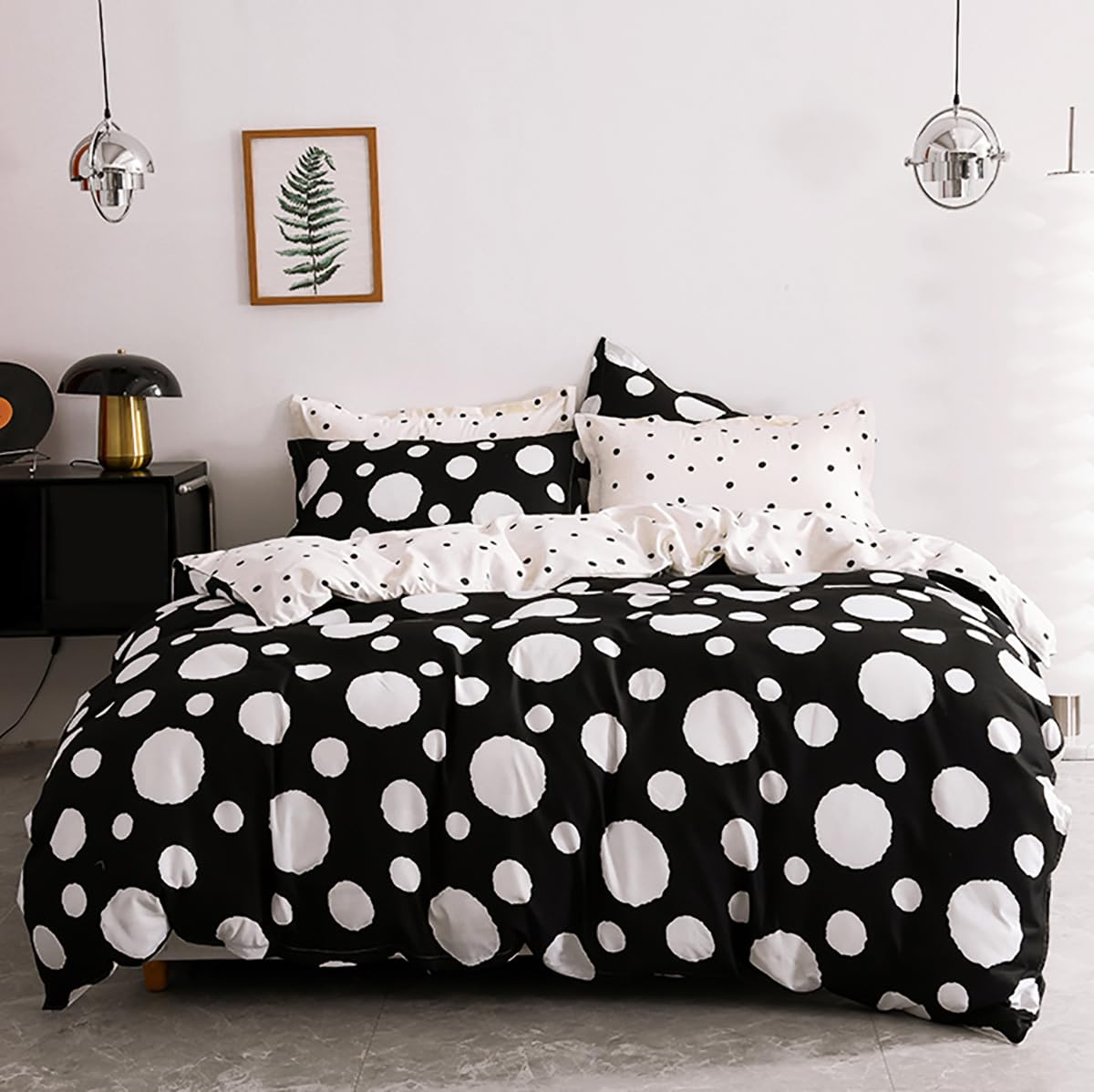 KAREVER White Polka Dots Comforter Full Black White Dots Print Reversible Gingham Full Bedding Comforter Set Boys Girls Black Wh