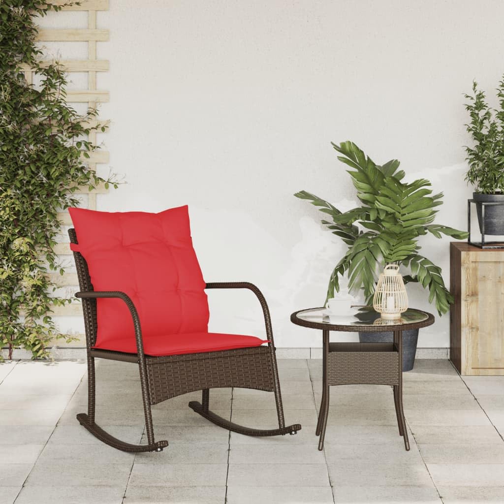 vidaXL Garden Rocking Chair - Brown Poly Rattan - Red Cushions - Outdoor Patio Seat - PE Rattan Lounger - 54x50 cm Seat - Powder-Coated Steel Frame - 60x87x80 cm