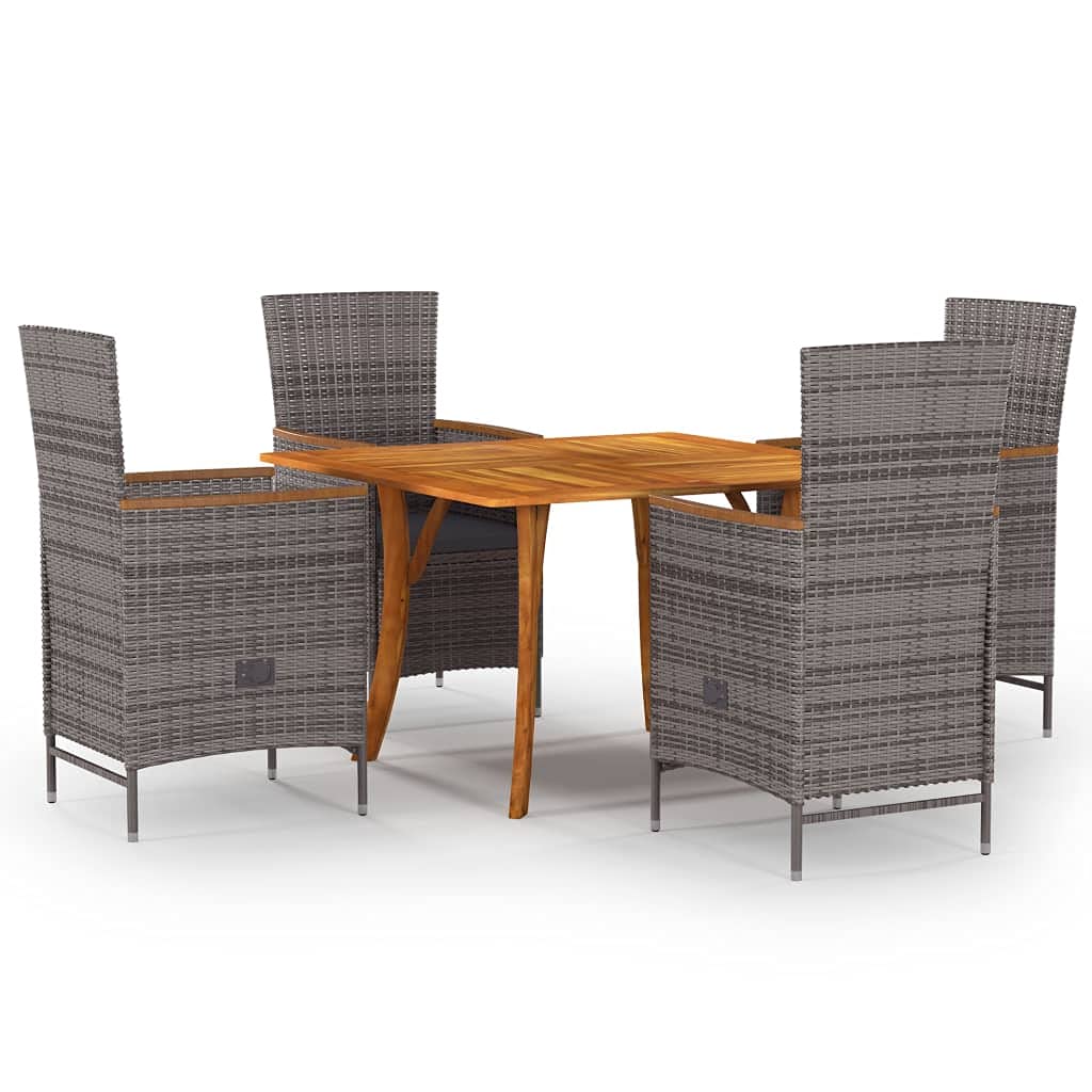 vidaXL Modern 5-Piece Patio Dining Set in Gray: Solid Acacia Wood Table and PE Rattan Chairs with Dark Gray Cushions