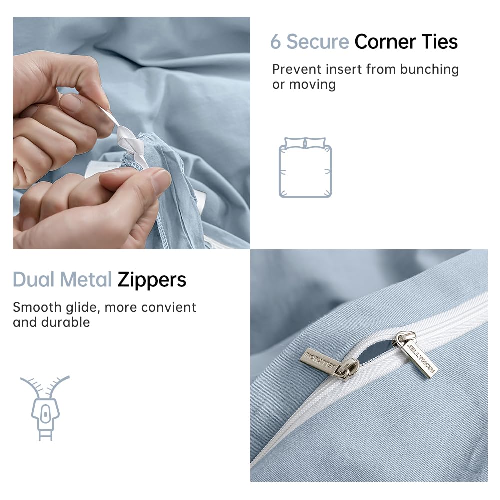 Jellymoni Light Blue Duvet Cover King Size - 100% Washed Cotton Linen Like Textured Comforter Cover, 3 Pieces Breathable Soft Be