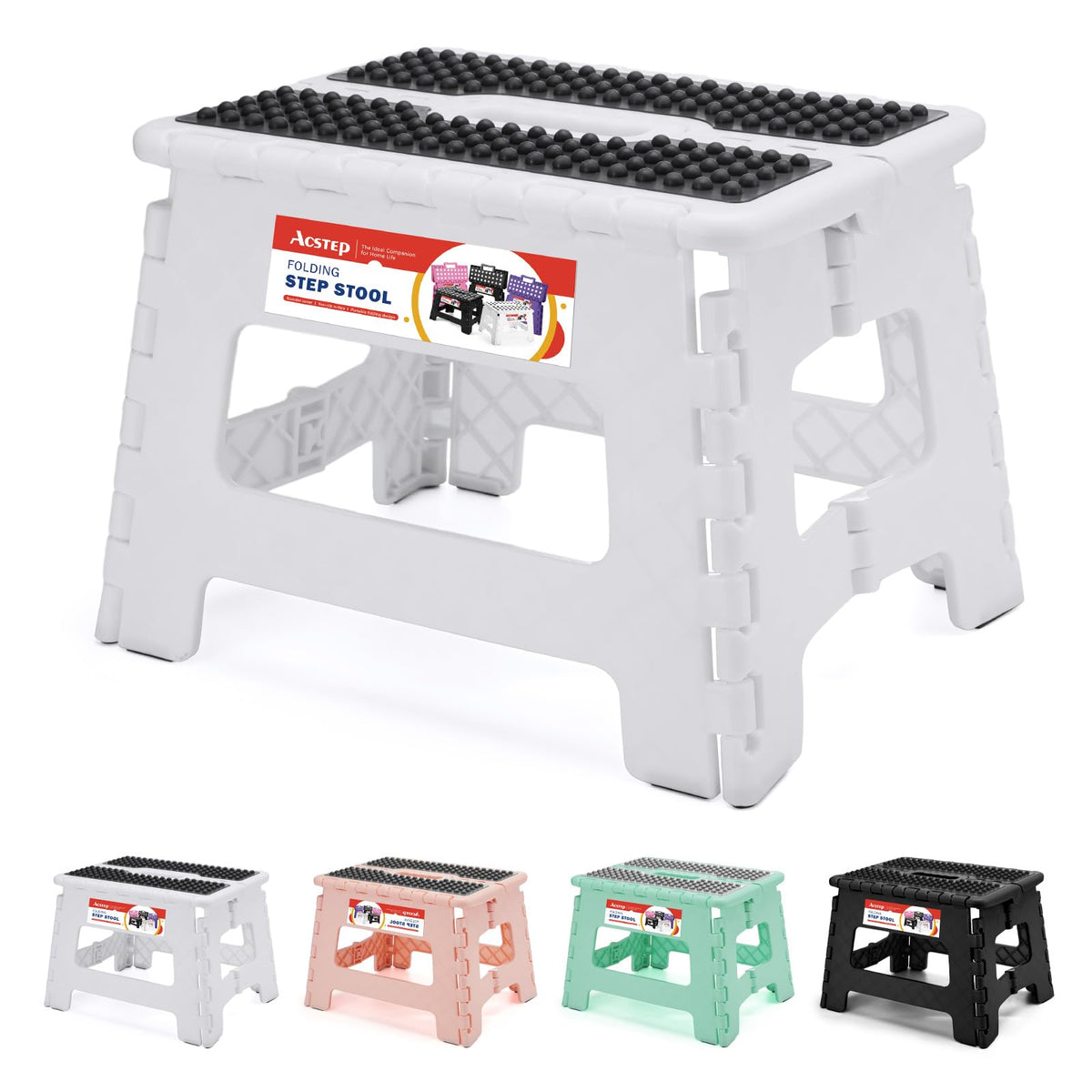 Acstep 9 Inch Folding Step Stool 300 Lb Capacity Non Slip Foot Stool With Handle Plastic Foldable Step Stools For Kids Stepping Stool For Bathroom Black Small Step Stool (1 Pc White)