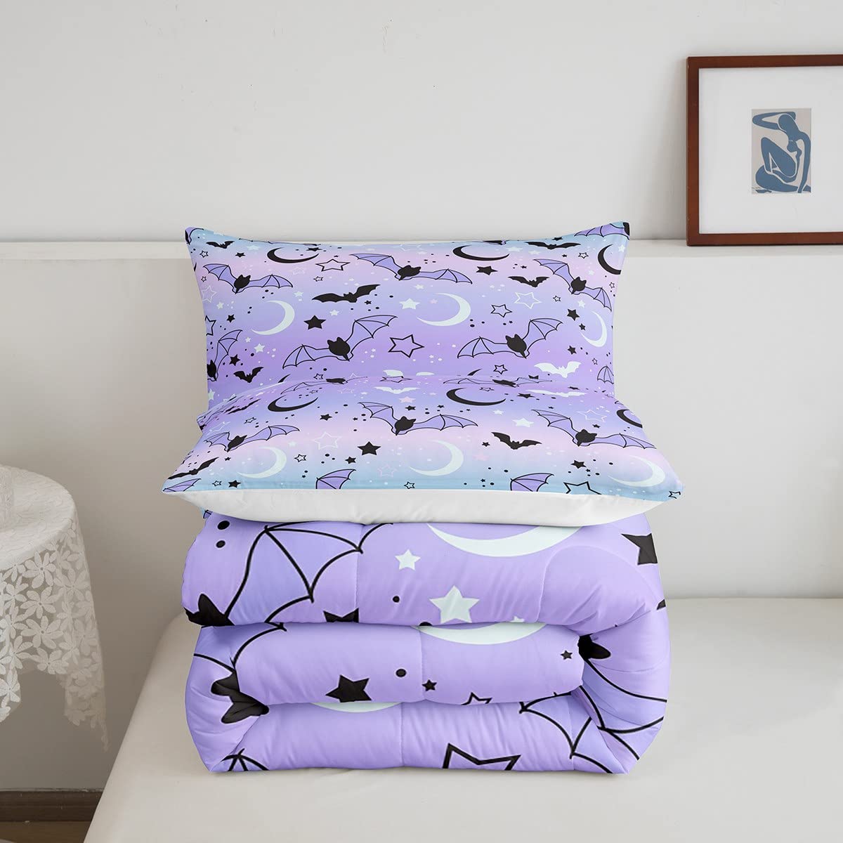Feelyou Halloween Comforter Rainbow Comforter Set For Boys Girls Children Bat Moon Star Print Bedding Set Halloween Theme Purple