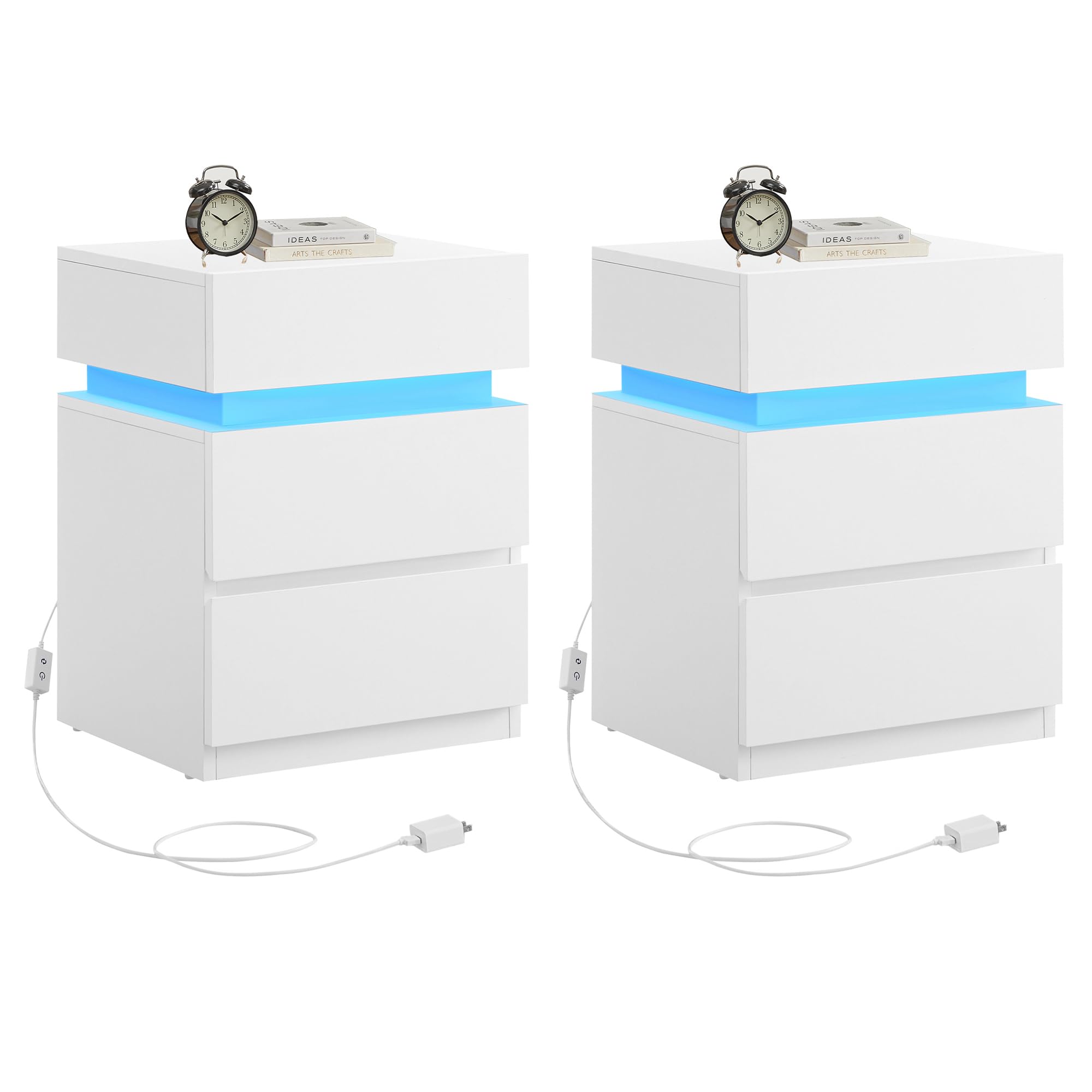 VASAGLE Nightstands with LED Lights, Set of 2, Adjustable Light Colors, Bedside Tables, Side Tables with 3 Drawers, Modern Style