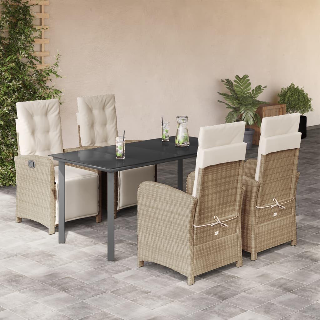 vidaXL 5-Piece Patio Dining Set - Beige Poly Rattan with Adjustable Reclining Chairs, Cushions & Glass Tabletop for Garden, Backyard, Balcony, or Patio