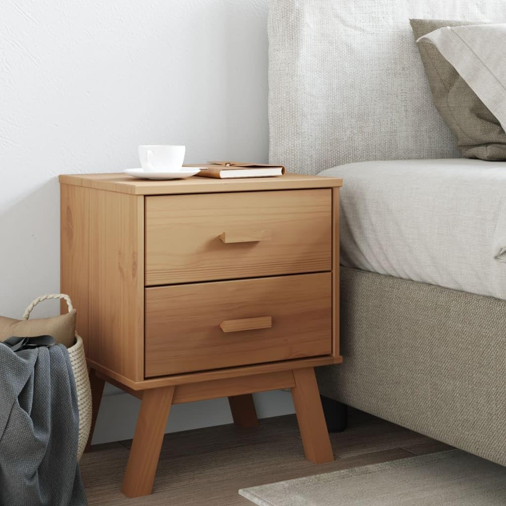 vidaXL Olden Brown Solid Pine Wood Bedside Cabinet - Scandinavian Nightstand with 2 Drawers and Wooden Feet for Bedroom/Lounge