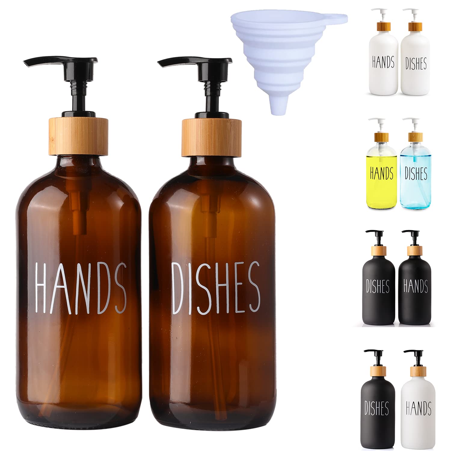 LOOCHICA 2 Pack Amber Glass Soap Dispenser with Plastic Pump, Brown Dish and Hand Soap Dispenser Set, Refillable Reusable Apothe