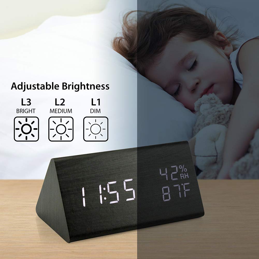 Oct17 Wooden Alarm Clock, Smart Led Digital Clock For Bedroom/Desks, Upgraded With Time Temperature, Adjustable Brightness And V