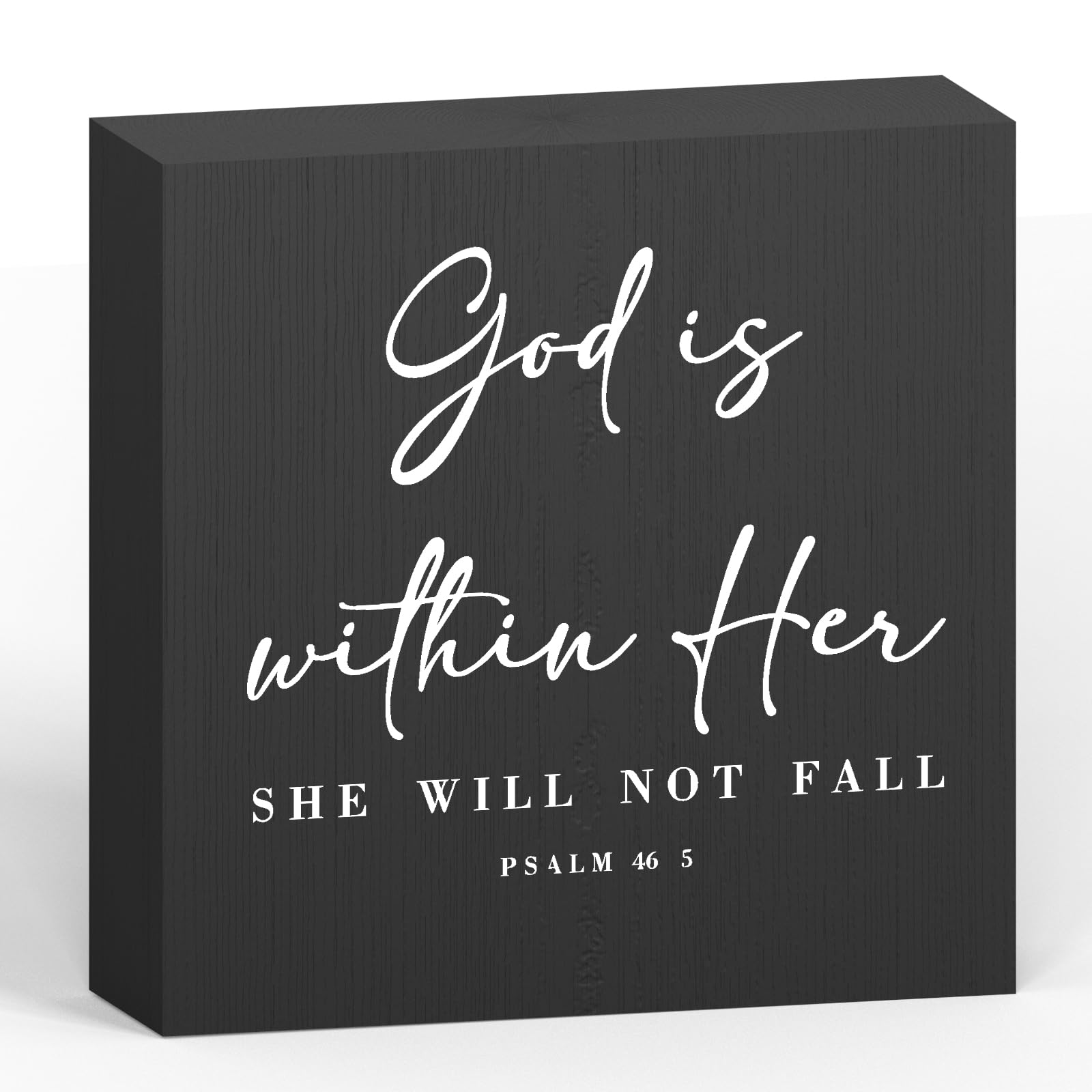 God is within Her Bible Verse Artwork Black Wood Box Sign Rustic Farmhouse Style Psalm 46 : 5 Christian Wood Block Plaque 5 X 5 