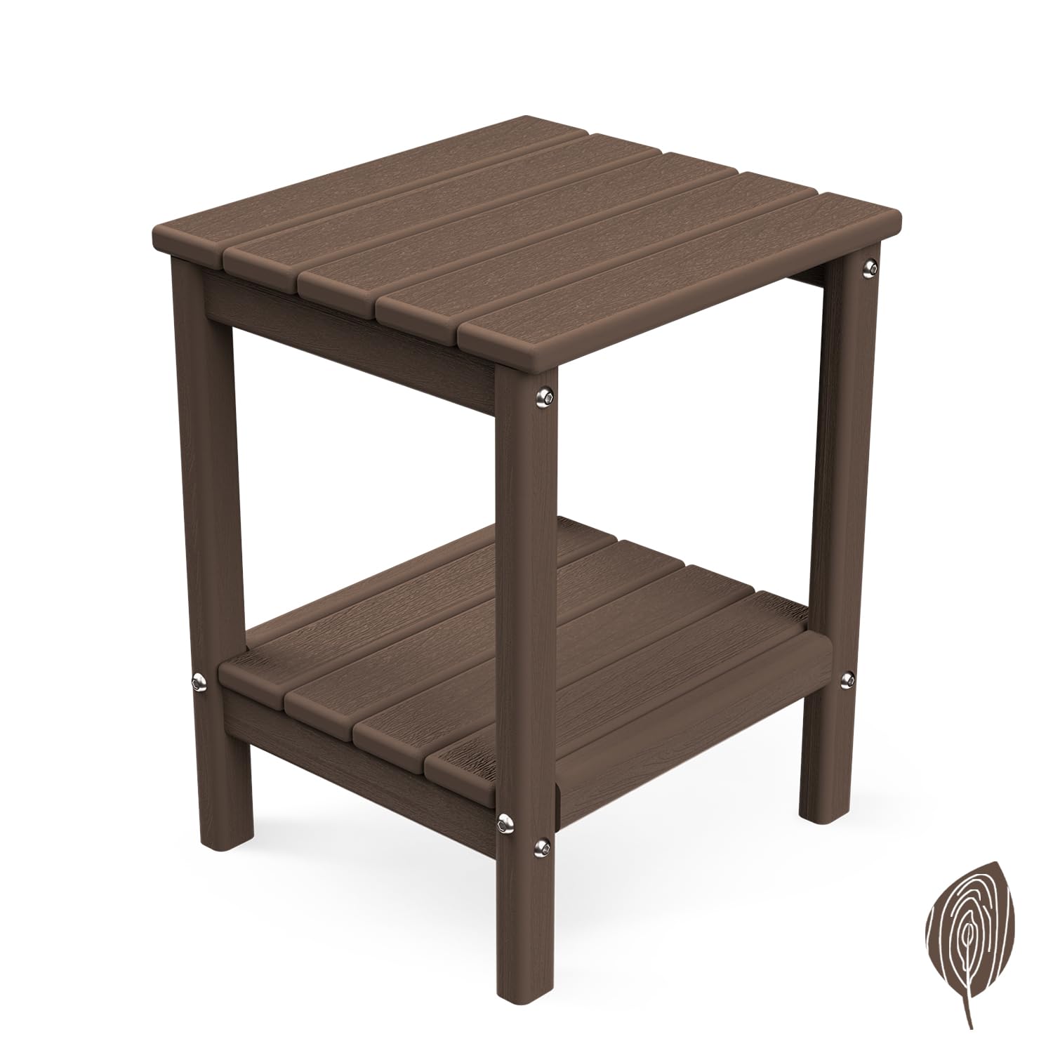 Greenvines Adirondack-Outdoor-Side-Table | Wood Grain | 14 X 13 Inches | Hdpe Plastic | All Weather | Dark Brown | Outside End Tables | Storage Shelf | For Patio Porch
