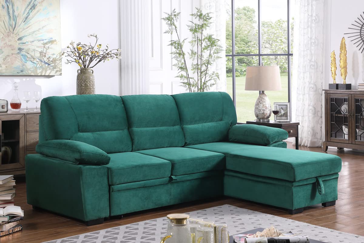 Lilola Home Kipling Green Velvet Fabric Reversible Sleeper Sectional Sofa Chaise