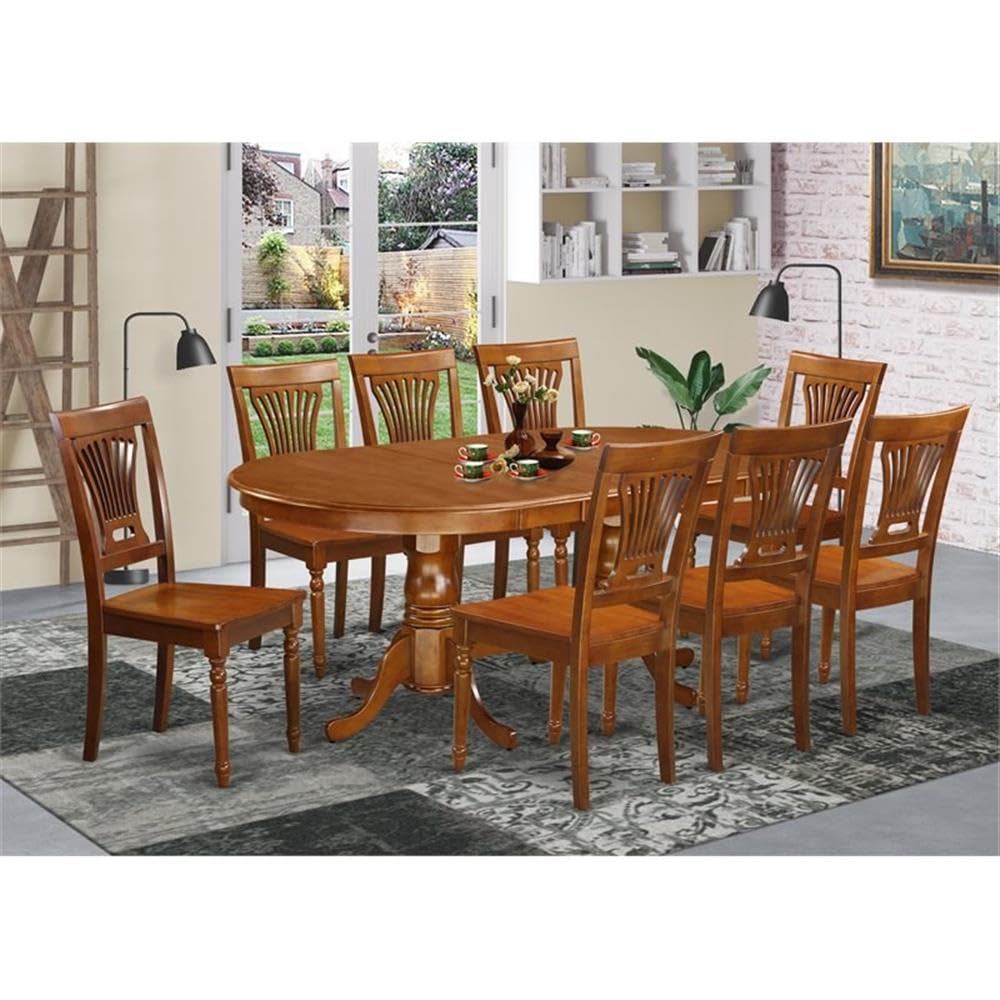 East West Furniture PLAI9-SBR-W 9 Piece Dining Room Table Set Includes an Oval Wooden Table with Butterfly Leaf and 8 Kitchen Dining Chairs, 42x78 Inch, Saddle Brown