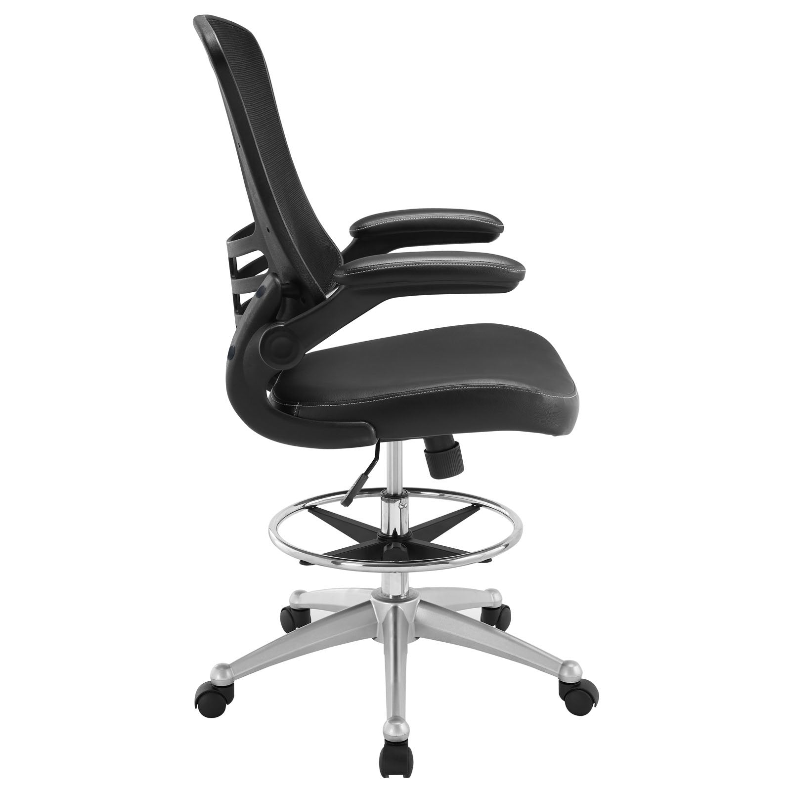 Modway Attainment Vinyl Drafting Chair - Drafting Stool With Flip-Up Arm in Black