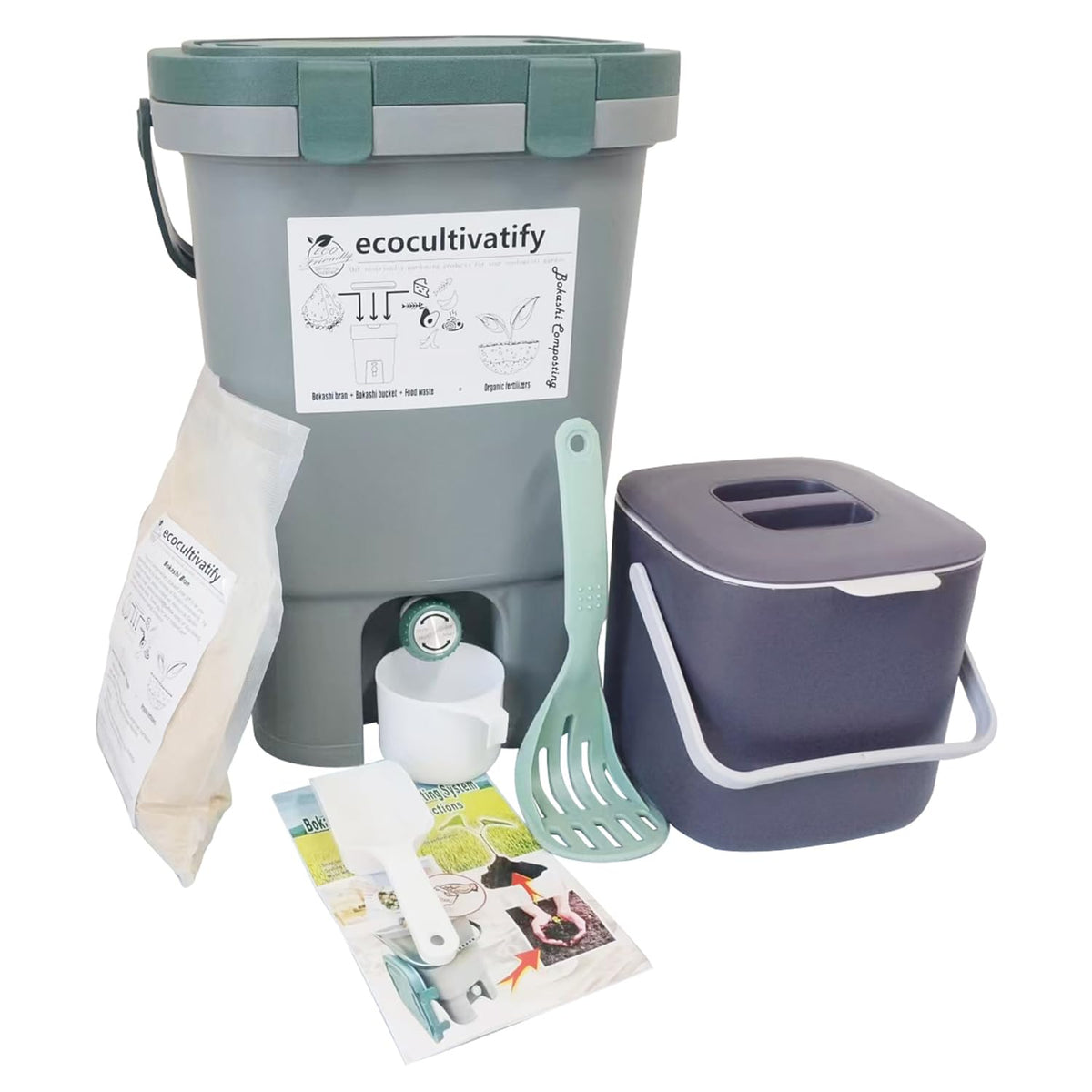 ecocultivatify 20L Bokashi Compost Bin, 5.28 Gallon Compost Bin for Kitchen Composter with Lid, Bokashi Start Kit with Bran (Tan