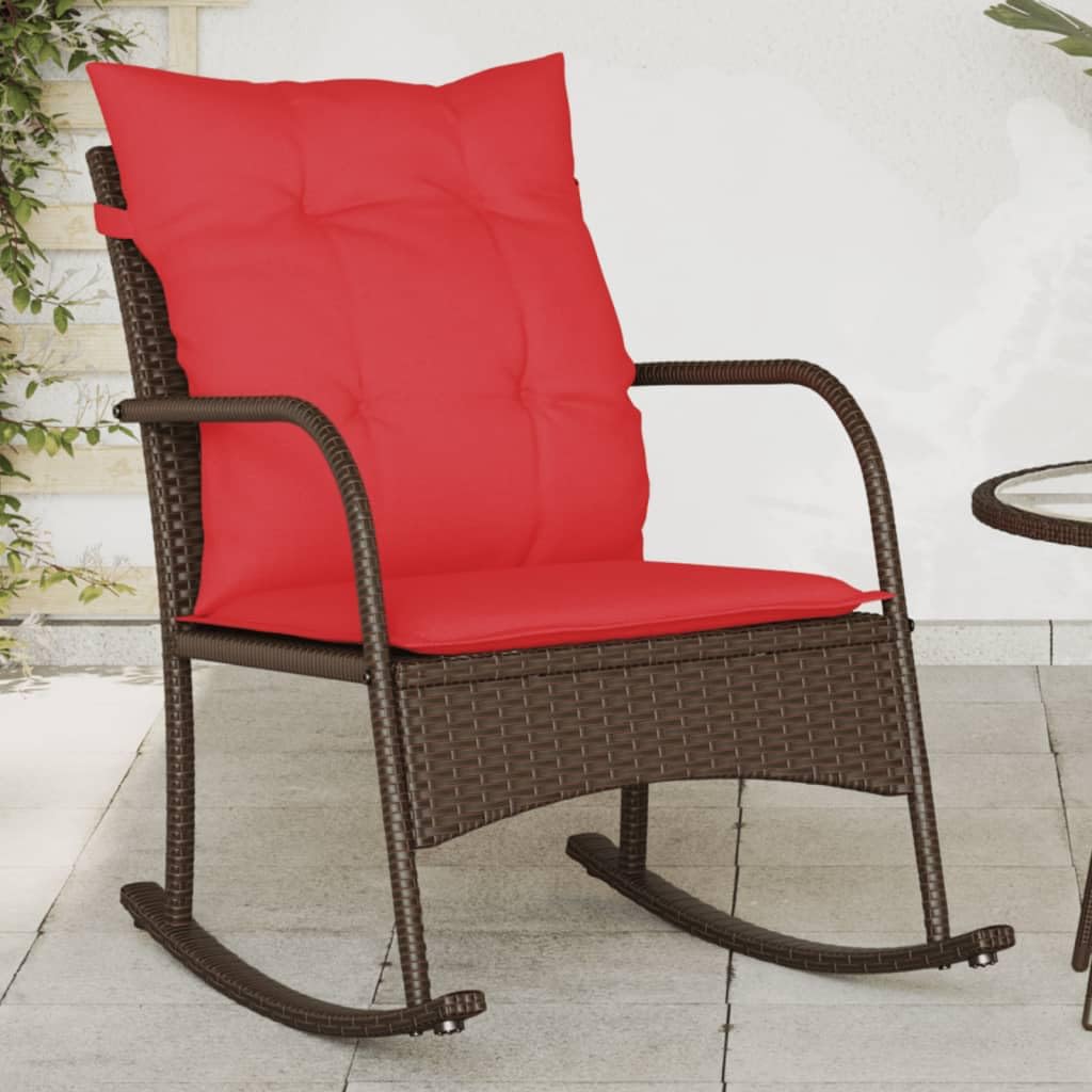 vidaXL Garden Rocking Chair - Brown Poly Rattan - Red Cushions - Outdoor Patio Seat - PE Rattan Lounger - 54x50 cm Seat - Powder-Coated Steel Frame - 60x87x80 cm