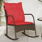 vidaXL Garden Rocking Chair - Brown Poly Rattan - Red Cushions - Outdoor Patio Seat - PE Rattan Lounger - 54x50 cm Seat - Powder-Coated Steel Frame - 60x87x80 cm