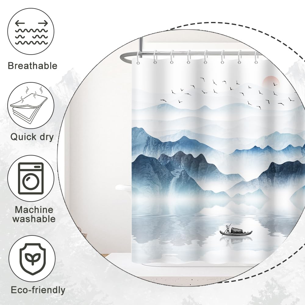 Ruelvth Stall Shower Curtain, Ink Painting Mountain Small Shower Curtain Set Abstract Sunrise Aesthetic Nature Scenery Waterproo