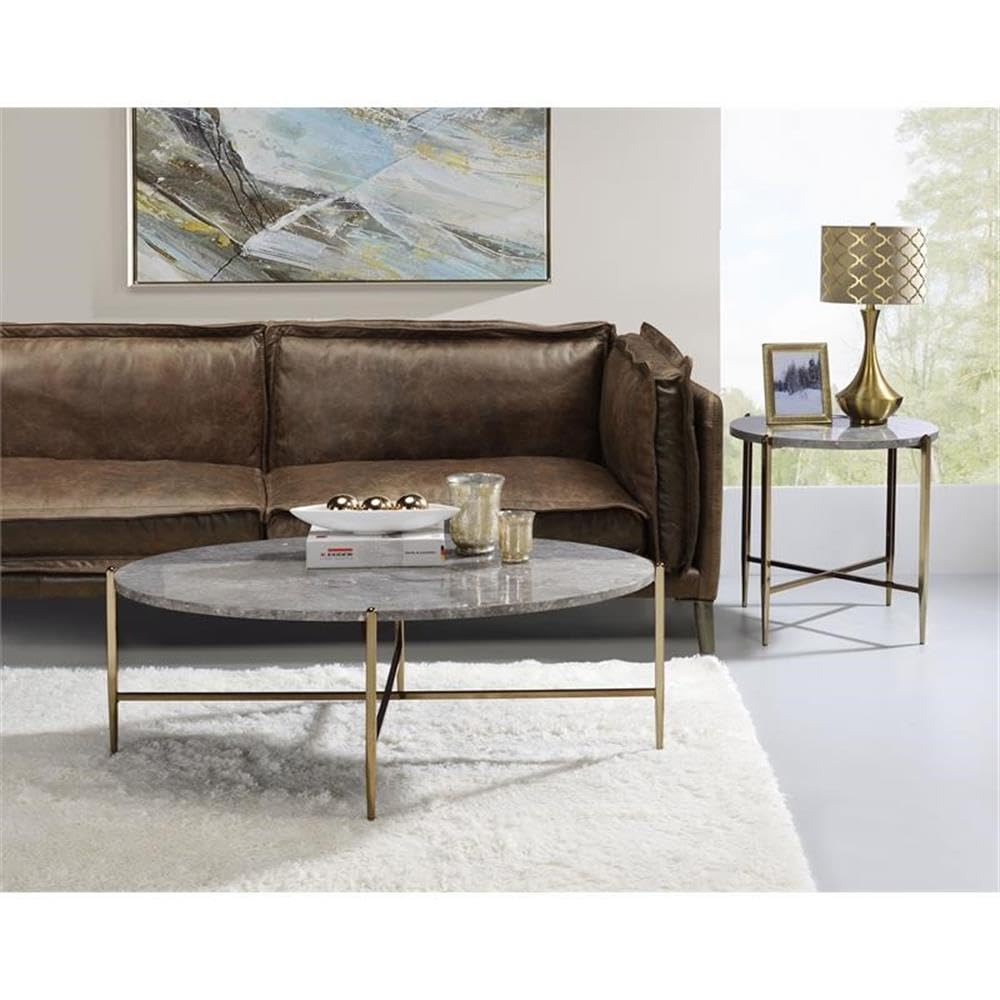 Acme Tainte Round Faux Marble Top End Table In Gray And Champagne