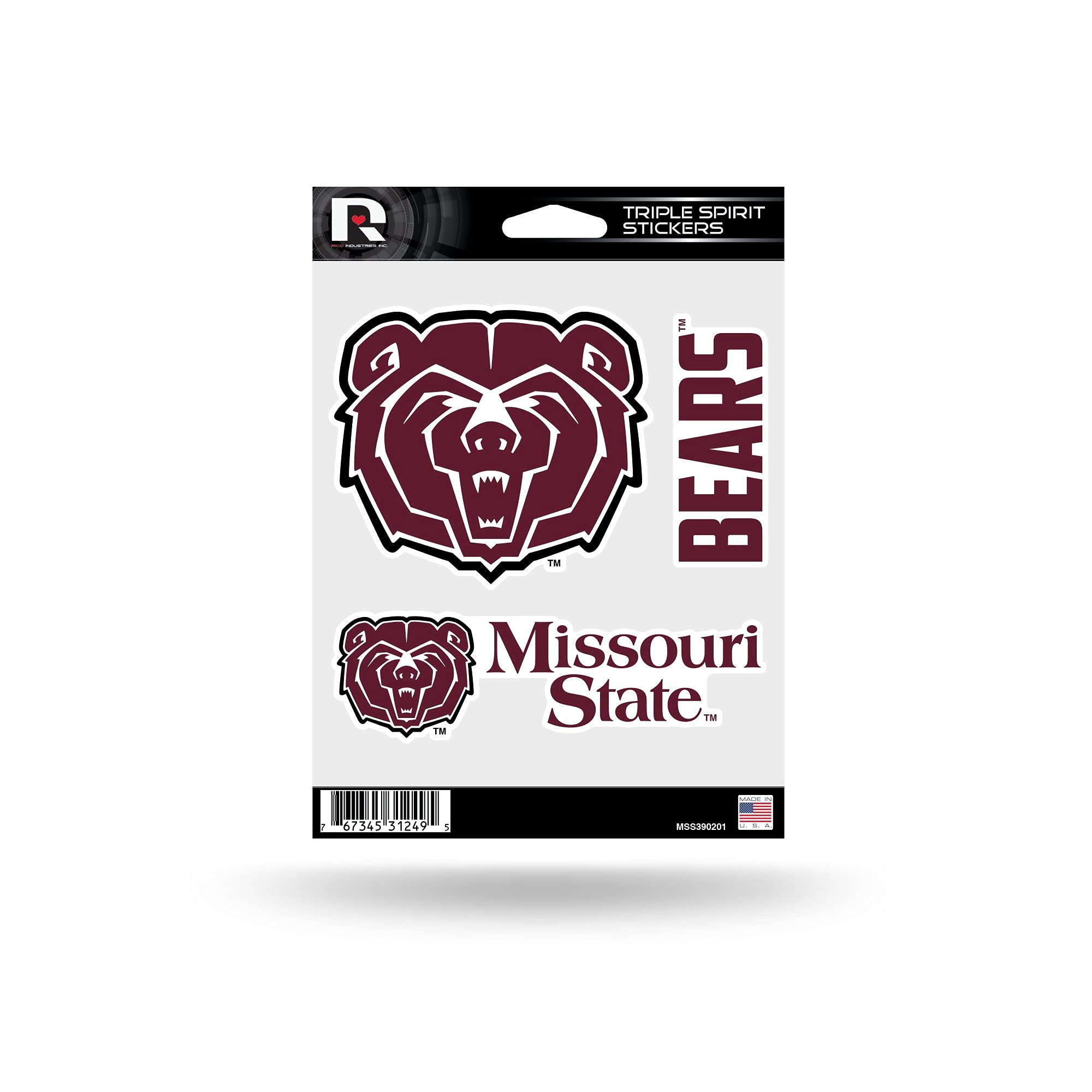 Rico Industries NCAA Missouri State Triple Spirit Stickers Sports Fan Home Decor, Multicolor, One Size