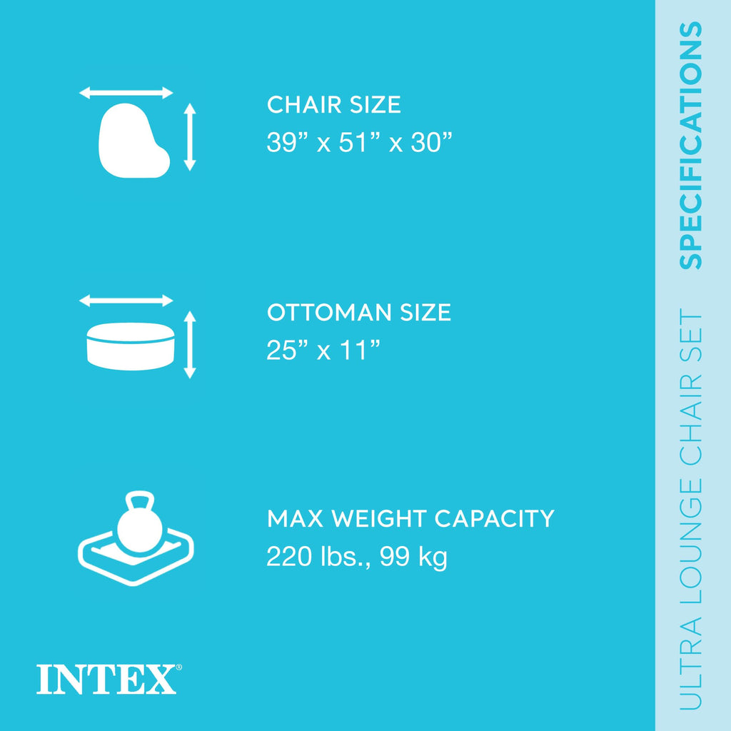 Intex Inflatable Ultra Lounge Chair With 2 In 1 Valve Extra Wide Opening, Angled Back Rest, Built In Cup Holder, And Ottoman, Gray (5 Pack)