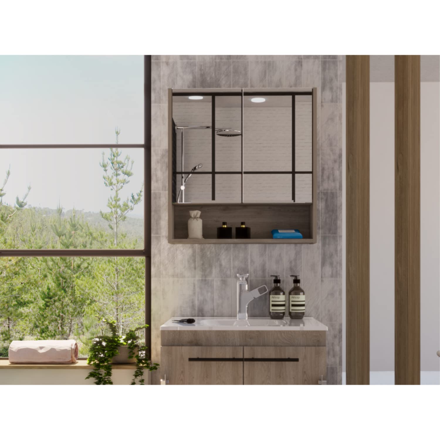 Tatacoa 25-inch Tall Double Door Mirror Cabinet with Open Shelf, and 3 Interior Shelves, Light Oak