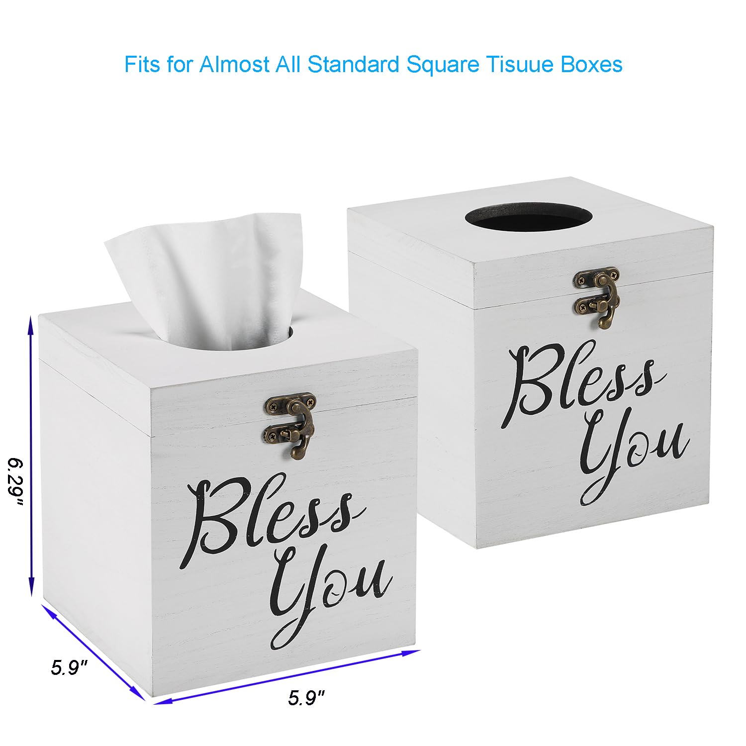 Jorikchuo Bless You Tissue Box Cover, Set Of 2 Wood Tissue Box Cover Square, Farmhouse Toilet Paper Holder (Classic White)