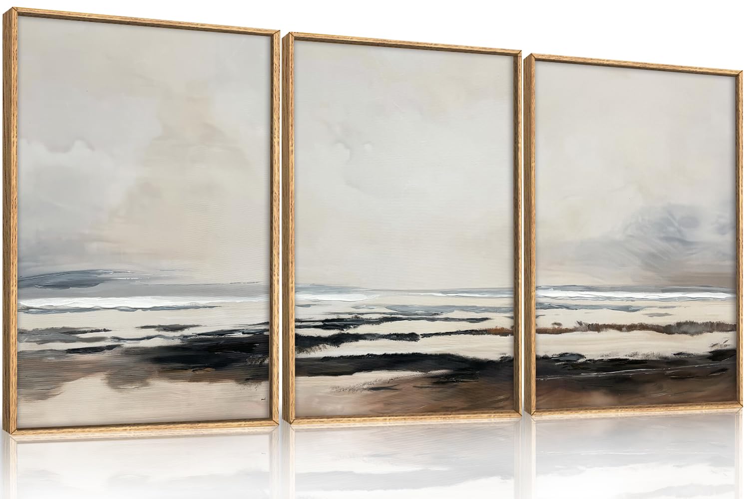 HOURIA Large Neutral Abstract Framed Wall Art Set,Neutral Gray Misty Landscape Wall Decor,Minimalist Dark Wall Painting,Watercol